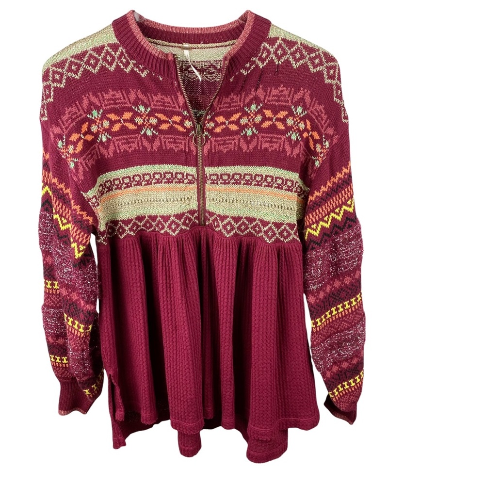 Free People Cozy Cabin Winter Fair Isle Peplum Sweater in Pomegranate Wine XS - Picture 4 of 11